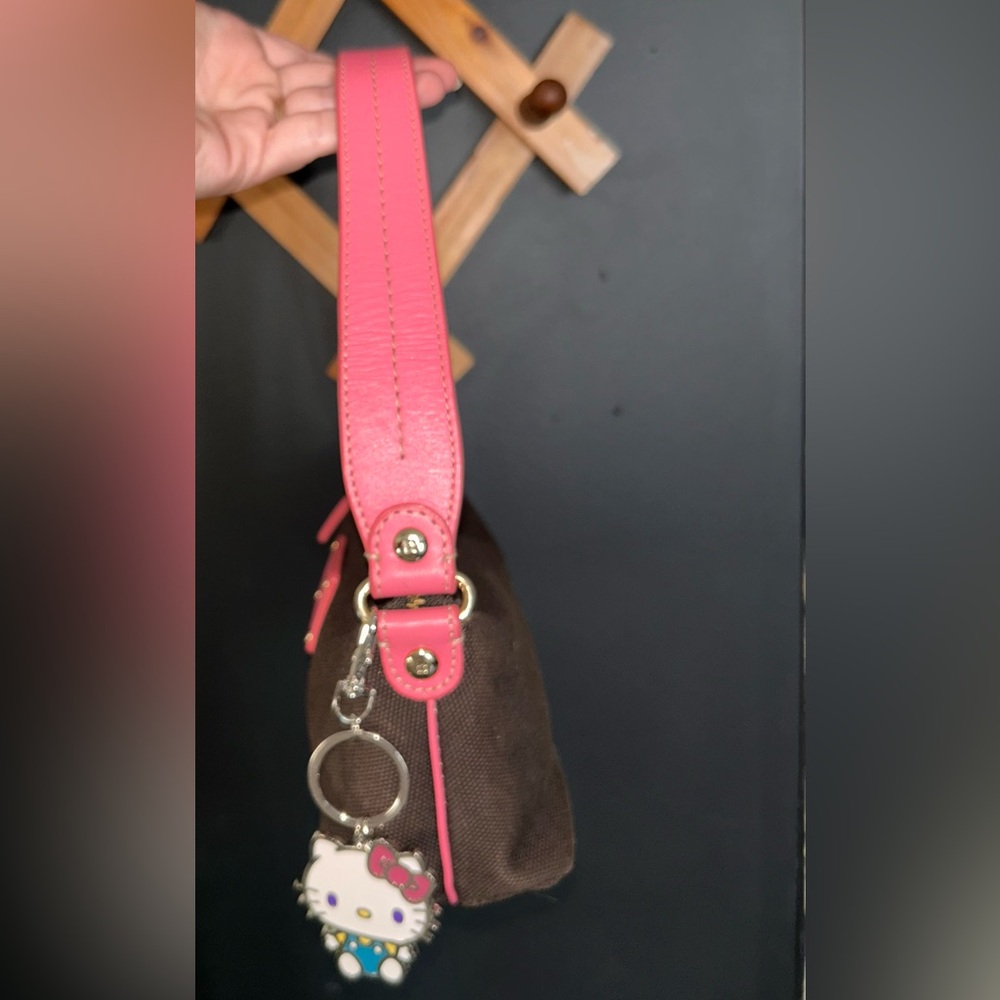 Vintage Kate Spade Mini Bag Brown Canvas with Pink Leather Trim & HelloKitty Tag - Picture 8 of 16